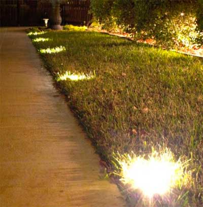 In-Ground Solar Lights in Grass Along Walkway at Night: 