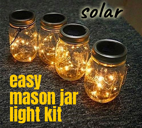 Mason Jar Solar Lights Set of 4, Complete with Jars, Lids, Solar Panels, Batteries, Lights and Hanging Handles