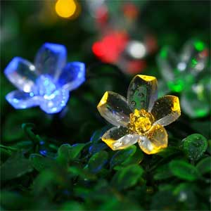 Multi-Colored Solar Flower String Lights Hanging on a Bush in Landscaping